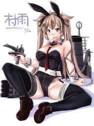 Rule 34 | 1girl, adapted costume, black leotard, black thighhighs, breasts, brown footwear, chain, character name, cleavage, dated, detached collar, garter straps, kantai collection, large breasts, leotard, murasame (kancolle), playboy bunny, red neckwear, rigging, sitting, smokestack, solo, tatsumi ray, thighhighs, turret, wrist cuffs