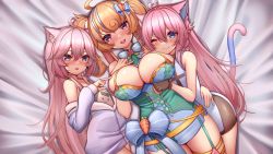 Rule 34 | 3girls, absurdres, animal ears, black gloves, blue eyes, blush, bonnie (bunny gif), bracelet, breast envy, breasts, cat ears, cat girl, cat tail, cleavage, cowboy shot, fingerless gloves, girl sandwich, gloves, hair between eyes, highres, indie virtual youtuber, jewelry, kaptivate, large breasts, looking at viewer, multiple girls, nyatasha nyanners, nyatasha nyanners (1st costume), off shoulder, open mouth, orange hair, purple eyes, sandwiched, second-party source, smile, snuffy (vtuber), snuffy (vtuber) (old design), spiked bracelet, spikes, tail, virtual youtuber, vshojo