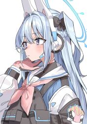 Rule 34 | 1girl, animal ears, black bow, blue archive, blue hair, bow, braid, closed mouth, crown braid, fake animal ears, gloves, hair bow, halo, hand up, haruyuki (gffewuoutgblubh), headset, light blue hair, light blush, long hair, long sleeves, looking afar, miyako (blue archive), neckerchief, one side up, pink gloves, pink neckerchief, bulletproof vest, purple eyes, rabbit ears, sailor collar, shoulder pads, simple background, solo, upper body, white background, white sailor collar