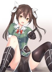 Rule 34 | 1girl, :d, arm behind back, arm support, asymmetrical legwear, blush, boots, bow, bowtie, breasts, brown eyes, brown hair, buttons, collared shirt, elbow gloves, fang, gloves, hair between eyes, hair ribbon, head tilt, highres, jacket, jenson tw, kantai collection, knee boots, light particles, long hair, looking at viewer, medium breasts, open mouth, pelvic curtain, pointing, pointing at viewer, ribbon, shiny skin, shirt, short sleeves, side slit, sidelocks, single elbow glove, single thighhigh, sitting, skirt, smile, solo, thighhighs, thighs, tone (kancolle), tone kai ni (kancolle), twintails, uneven legwear, white ribbon