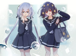 Rule 34 | 10s, 2girls, :d, bag, black dress, black hair, black ribbon, black sailor collar, blush, breasts, bubble, collarbone, commentary, dress, grey eyes, grey neckerchief, hair between eyes, hair ribbon, hand up, head tilt, konno junko, long hair, long sleeves, looking at viewer, low twintails, md5 mismatch, mitu yang, mizuno ai, multiple girls, neckerchief, open mouth, parted lips, red eyes, resolution mismatch, ribbon, sailor collar, sailor dress, school bag, silver hair, small breasts, smile, source larger, symbol-only commentary, twintails, very long hair, zombie land saga