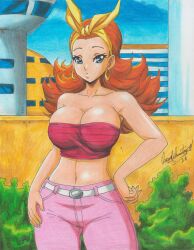 Rule 34 | 1girl, 2022, absurdres, artist name, bare arms, bare shoulders, belt, belt buckle, blue eyes, breasts, buckle, bush, city, collarbone, dragon ball, dragonball z, earrings, hairband, highres, jewelry, large breasts, long hair, midriff, orange hair, outdoors, pants, pink pants, ravernclouk design, red shirt, shirt, sleeveless, sleeveless shirt, solo, traditional media