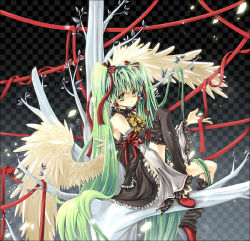 Rule 34 | 1girl, bad id, bad pixiv id, bow, bowtie, detached sleeves, dress, earrings, frills, green eyes, green hair, hair ribbon, hatsune miku, in tree, jewelry, long hair, matching hair/eyes, rabishia, ribbon, sitting, sitting in tree, solo, thighhighs, tree, twintails, very long hair, vocaloid, wings