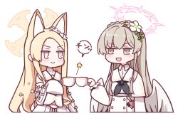Rule 34 | &gt;:), 2girls, animal ear fluff, animal ears, black neckerchief, blonde hair, blue archive, braid, brown eyes, brown hair, capelet, chibi, closed mouth, cropped torso, crown braid, cup, dress, feathered wings, flower, hair flower, hair ornament, halo, harada (sansei rain), holding, holding cup, long hair, long sleeves, low wings, multiple girls, nagisa (blue archive), neckerchief, parted bangs, pink flower, seia (blue archive), simple background, sleeves past fingers, sleeves past wrists, smile, star (symbol), toasting (gesture), upper body, v-shaped eyebrows, very long hair, white background, white capelet, white dress, white flower, white wings, wings, yellow eyes