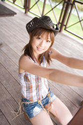 Rule 34 | autumn breeze, cowboy hat, denim, hat, highres, ogura yuuko, photo (medium), plaid, shorts, sleeveless, tassel