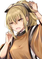 Rule 34 | 1girl, absurdres, arm up, black ribbon, blonde hair, breasts, commentary request, detached sleeves, hair between eyes, hair ribbon, hand up, highres, long sleeves, matara okina, medium breasts, mimoto (aszxdfcv), no headwear, open mouth, ponytail, ribbon, sharp teeth, shirt, sidelocks, simple background, solo, sweat, tabard, teeth, touhou, upper body, v-shaped eyebrows, white background, white shirt, wide sleeves, yellow eyes