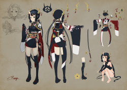 Rule 34 | 1girl, armor, artist name, barefoot, black gloves, black hair, black kimono, black thighhighs, blunt bangs, closed mouth, detached sleeves, elbow gloves, floral print, full body, gloves, green eyes, highres, horns, japanese armor, japanese clothes, katana, kimono, kusazuri, long hair, low twintails, multicolored hair, multiple views, obi, oni horns, original, pauldrons, pixiv fantasia, pixiv fantasia t, pointy ears, ranyu kuro, red hair, sandals, sash, short kimono, shoulder armor, signature, single horn, sketch, sleeveless, sleeveless kimono, squatting, standing, streaked hair, sword, thick eyebrows, thighhighs, twintails, weapon, wide sleeves