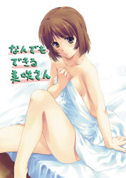 Rule 34 | 1girl, barefoot, bed sheet, breasts, leaf, mifumi takafumi, naked sheet, sawakura misaki, solo, translated, white album, white album (series)