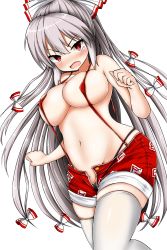 Rule 34 | 1girl, areola slip, black panties, blush, bow, breasts, cleavage, covered erect nipples, fujiwara no mokou, grey hair, groin, hair bow, highres, isshin (sasayamakids), large breasts, long hair, looking at viewer, multiple bows, navel, ofuda, ofuda on clothes, open fly, open mouth, panties, red eyes, red shorts, shorts, simple background, solo, suspenders, thighhighs, touhou, underwear, v-shaped eyebrows, white background, white bow, white thighhighs, zettai ryouiki