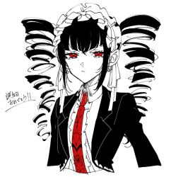 Rule 34 | 1girl, black hair, bonnet, celestia ludenberg, center frills, closed mouth, collared shirt, cropped torso, danganronpa: trigger happy havoc, danganronpa (series), drill hair, earrings, frills, frown, gothic lolita, highres, jacket, jewelry, lolita fashion, long hair, long sleeves, looking at viewer, necktie, open clothes, open jacket, red eyes, red necktie, ru-pe (gstm 0915), shirt, solo, translation request, twin drills, twintails, white background