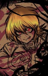 Rule 34 | 1girl, angry, blonde hair, blood, blood on face, clenched teeth, gloves, hair between eyes, hellsing, highres, jacket, miazuma sarin, red eyes, seras victoria, sharp teeth, short hair, slit pupils, solo, spot color, teeth, third-party source, uneven eyes, upper body, v-shaped eyebrows, vampire