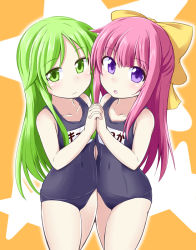 Rule 34 | 10s, 2girls, bow, cowboy shot, green eyes, green hair, hair bow, holding hands, ichimi, kamikaze (kancolle), kantai collection, long hair, looking at viewer, multiple girls, nagatsuki (kancolle), name tag, one-piece swimsuit, pink hair, purple eyes, school swimsuit, swimsuit, yellow bow, aged down