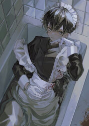 Rule 34 | 1boy, absurdres, apron, apron pull, arm rest, bathtub, bishounen, black hair, black shirt, blood, blood on clothes, closed mouth, clothes pull, collared shirt, crossdressing, dark, ear piercing, expressionless, from above, gloves, hair between eyes, hand on own chin, hand on own stomach, highres, leaning back, looking at viewer, maid, maid apron, maid headdress, male focus, male maid, original, piercing, shirt, short hair, solo, sosaku 25, tile wall, tiles, upper body, water, white eyes, white gloves