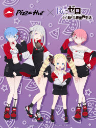 4girls bare_shoulders beatrice_(re:zero) black_footwear black_shirt black_skirt blonde_hair blue_eyes blue_hair collarbone commentary_request emilia_(re:zero) food hair_ornament highres jacket logo midriff multiple_girls navel official_art open_clothes open_jacket pink_eyes pink_hair pizza pizza_hut purple_eyes ram_(re:zero) re:zero_kara_hajimeru_isekai_seikatsu red_footwear rem_(re:zero) shirt shoes short_hair skirt sleeveless sleeveless_shirt sneakers white_hair white_shirt x_hair_ornament