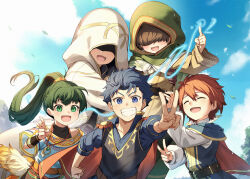Rule 34 | 1girl, 2boys, 2others, aged down, blue eyes, blue hair, closed mouth, coat, eliwood (fire emblem), fire emblem, fire emblem: the blazing blade, fire emblem heroes, green coat, green eyes, green hair, grin, hector (fire emblem), highres, hood, hooded coat, jewelry, kiran (fire emblem), long hair, lyn (fire emblem), mark (fire emblem: the blazing blade), multiple boys, multiple others, nakabayashi zun, nintendo, no eyes, open mouth, pendant, ponytail, red eyes, short hair, smile, teeth, very long hair, white coat