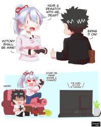 Rule 34 | 1boy, 1girl, akmalbastamam, alternate costume, bag of chips, black hair, black jacket, blue background, blue pants, casual, chibi, collarbone, commentary, controller, english commentary, english text, fate/grand order, fate (series), game controller, hair ribbon, highres, holding, holding controller, holding game controller, jacket, long hair, no sclera, pants, playing games, ponytail, red eyes, red ribbon, ribbon, shirt, silver hair, soda bottle, spaghetti strap, television, tomoe gozen (fate), white background, white shirt