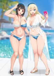 Rule 34 | 2girls, aqua eyes, atago (kancolle), bandeau, beret, bikini, black hair, blonde hair, blue bikini, blush, breasts, cellphone, cleavage, collarbone, commentary request, full body, hat, highres, kantai collection, kusaka souji, large breasts, long hair, looking at viewer, multi-strapped bikini, multiple girls, navel, one eye closed, open mouth, phone, red eyes, sandals, see-through, selfie, short hair, smartphone, smile, standing, swimsuit, takao (kancolle), thighs, two-tone bikini, v, water, waving