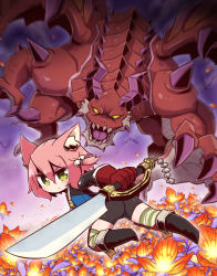 Rule 34 | 1girl, 7th dragon, 7th dragon (series), animal ear fluff, animal ears, ass, bike shorts, black footwear, black shorts, blue jacket, blush, boots, cat ears, claws, closed mouth, commentary request, dragon, fighter (7th dragon), floro (7th dragon), flower, gloves, hair between eyes, hair bobbles, hair ornament, harukara (7th dragon), highres, holding, holding sword, holding weapon, jacket, long sleeves, looking at viewer, looking to the side, motion blur, naga u, one side up, orange flower, outdoors, pink hair, purple sky, red gloves, short shorts, shorts, sky, solo, striped clothes, striped thighhighs, sword, thighhighs, thighhighs under boots, v-shaped eyebrows, weapon