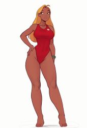 Rule 34 | 1girl, absurdres, ahoge, barefoot, blonde hair, breasts, commentary, curvy, dark-skinned female, dark skin, english commentary, full body, green eyes, hand on own hip, highleg, highleg swimsuit, highres, large breasts, lifeguard, lifeguard (lilo &amp; stitch), lilo &amp; stitch, long hair, one-piece swimsuit, raichiyo33, red one-piece swimsuit, standing, swimsuit, thick thighs, thighs, toes, watch, white background, wide hips, wristwatch