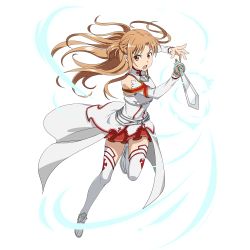 Rule 34 | 1girl, armor, asuna (sao), boots, braid, brown eyes, brown hair, floating hair, foreshortening, french braid, full body, furrowed brow, highres, holding, holding sword, holding weapon, long hair, long sleeves, official art, open mouth, skirt, solo, sword, sword art online, sword art online: memory defrag, thigh boots, thighhighs, transparent background, weapon, white thighhighs