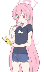Rule 34 | + +, 1girl, alternate hairstyle, black shirt, blue archive, blue shorts, cellphone, food, hair down, halo, highres, holding, holding phone, itamochi, koyuki (blue archive), long hair, phone, pink hair, popsicle, shirt, short shorts, short sleeves, shorts, simple background, smartphone, smartphone case, solo, t-shirt, very long hair, wet, wet hair, white background