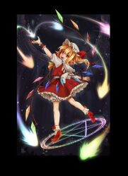 Rule 34 | 1girl, absurdres, back bow, black border, blonde hair, bloomers, bobby socks, border, bow, collared shirt, crystal, dark background, fingernails, flandre scarlet, frilled shirt collar, frilled skirt, frills, from behind, full body, full of energy, hair between eyes, hat, highres, long fingernails, looking at viewer, looking back, mary janes, medium hair, mob cap, multicolored wings, nail polish, one side up, open mouth, pointy ears, puffy short sleeves, puffy sleeves, red eyes, red footwear, red nails, red skirt, red vest, sharp fingernails, shirt, shoes, short sleeves, skirt, skirt set, socks, solo, spell card, teeth, touhou, underwear, upper teeth only, vest, white bloomers, white bow, white hat, white shirt, white socks, wings, wrist cuffs