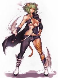 Rule 34 | 1girl, animal ears, asymmetrical clothes, barefoot, blade, breasts, covered erect nipples, fingerless gloves, full body, fumio (rsqkr), gloves, green hair, large breasts, leopard ears, looking at viewer, one eye closed, original, scarf, short hair, solo, tail, tiger ears, tiger tail, underboob, yellow background