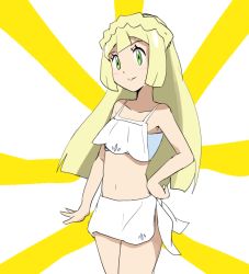 Rule 34 | armpits, bikini, blonde hair, blunt bangs, braid, cowboy shot, creatures (company), crown braid, from side, game freak, green eyes, hand on own hip, hgm (cjh4563), legs together, lillie (pokemon), nintendo, pokemon, pokemon (anime), pokemon sm (anime), solo, standing, swimsuit, white background, white bikini, yellow background