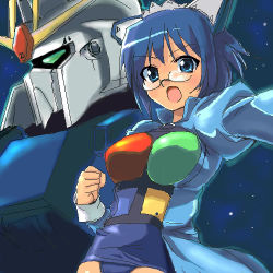 Rule 34 | 1girl, 2k-tan, :o, blue eyes, blue hair, blush, bob cut, clenched hand, crossover, dress, fighting stance, glasses, green eyes, gundam, hairband, looking at viewer, lowres, maid, maid headdress, mecha, oekaki, one-piece swimsuit, open mouth, os-tan, outstretched arm, r-type nirvana, robot, school swimsuit, short hair, sky, solo, souryuu (double dragon), space, standing, star (sky), starry sky, swimsuit, swimsuit costume, swimsuit under clothes, zeta gundam, zeta gundam (mobile suit)