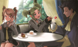 Rule 34 | 00s, 1boy, 2girls, cake, cup, droite (tales), eating, closed eyes, food, fork, fruit, gauche (tales), green eyes, green hair, happy, motsu rebaa, multiple girls, necktie, open mouth, pastry, red eyes, red hair, short twintails, skirt, strawberry, tales of (series), tales of vesperia, tea, twintails, yeager (tales)