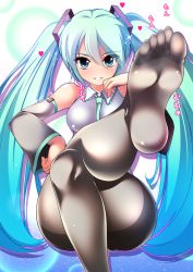 Rule 34 | 1girl, ahen, aqua hair, bare shoulders, blue eyes, breasts, crossed legs, detached sleeves, feet, foot focus, hand on own hip, hatsune miku, leg up, long hair, looking at viewer, medium breasts, pantyhose, parted lips, sitting, smile, soles, solo, toes, twintails, very long hair, vocaloid, wide hips