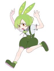 Rule 34 | 1girl, :3, \||/, alternate hair length, alternate hairstyle, arms up, brooch, commentary request, full body, green footwear, green shorts, highres, jewelry, jumping, neck ribbon, okepi, open mouth, pink ribbon, puffy short sleeves, puffy shorts, puffy sleeves, ribbon, shirt, shoes, short hair, short sleeves, shorts, simple background, smile, solo, suspender shorts, suspenders, v-shaped eyebrows, voicevox, white background, white shirt, yellow eyes, zundamon