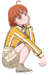 Rule 34 | 1girl, ahoge, blush, brown footwear, brown shorts, closed mouth, clover hair ornament, from side, full body, hair ornament, hand up, highres, icehotmilktea, long sleeves, love live!, love live! sunshine!!, orange hair, red eyes, shirt, shoes, short shorts, shorts, simple background, sneakers, solo, squatting, striped clothes, striped shirt, takami chika, vertical-striped clothes, vertical-striped shirt, white background