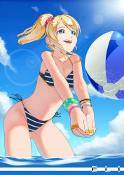 Rule 34 | 10s, 1girl, absurdres, ayase eli, bad id, bad pixiv id, ball, beachball, bikini, blonde hair, blue eyes, breasts, character name, cleavage, from below, hair ornament, hairclip, highres, lens flare, love live!, love live! school idol festival, love live! school idol project, ponytail, side-tie bikini bottom, solo, striped bikini, striped bikini top, striped clothes, swimsuit, teeth, tu wei, wading