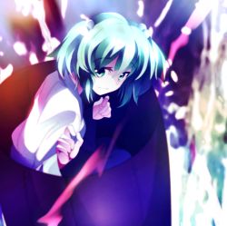 Rule 34 | 1girl, bucket, green eyes, green hair, hair bobbles, hair ornament, in bucket, in container, japanese clothes, kimono, kisume, kotaroukuroo, light particles, long sleeves, looking at viewer, matching hair/eyes, short hair, short twintails, smile, solo, touhou, twintails, wide sleeves