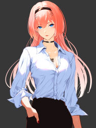 Rule 34 | 1girl, absurdres, blue eyes, breast tattoo, breasts, choker, cleavage, cohi27151463, collared shirt, cowboy shot, dress shirt, grey background, hand in pocket, highres, hololive, long hair, looking at viewer, medium breasts, nail polish, pants, partially unbuttoned, red nails, shirt, shirt tucked in, simple background, sleeves pushed up, solo, takane lui, tattoo, unbuttoned, unbuttoned shirt, virtual youtuber