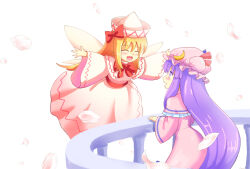 Rule 34 | 2girls, :d, blonde hair, bow, capelet, closed eyes, commentary request, crescent, crescent hat ornament, dress, hat, hat ornament, lily white, long hair, long sleeves, mob cap, multiple girls, open mouth, patchouli knowledge, pink capelet, pink dress, purple eyes, purple hair, red bow, sidelocks, simple background, smile, touhou, white background, white dress, wide sleeves, yoruniwa