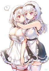 Rule 34 | 2girls, ?, anchor choker, apron, armpits, aye, azur lane, bare shoulders, black hairband, breasts, center frills, choker, cleavage, dido (azur lane), earrings, frilled choker, frills, hairband, hug, hug from behind, jewelry, lace-trimmed hairband, lace trim, large breasts, looking at another, multiple girls, red eyes, short hair, sirius (azur lane), spoken question mark, thighhighs, underboob, waist apron, white apron, white hair, white legwear