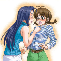 Rule 34 | 00s, 2girls, :d, :o, ahoge, akizuki ritsuko, antenna hair, artistic error, bare arms, bare shoulders, belt, blue hair, blush, braid, breasts, brown eyes, brown hair, closed eyes, embarrassed, face-to-face, female focus, glasses, green skirt, grey-framed eyewear, hand up, happy, hida tatsuo, idolmaster, idolmaster (classic), idolmaster 1, leaning, leaning forward, long sleeves, looking at another, matching hair/eyes, medium breasts, miura azusa, multiple girls, open mouth, pencil skirt, pointing, shirt, shy, single bare arm, skirt, sleeveless, sleeveless turtleneck, smile, standing, striped clothes, striped shirt, surprised, sweatdrop, turtleneck, twin braids, vertical-striped clothes, vertical-striped shirt, white skirt, yuri