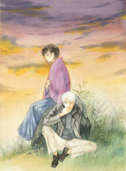 Rule 34 | 1boy, 1girl, amber t, black footwear, black hair, blue hakama, chinese commentary, cloud, cloudy sky, evening, facing viewer, from side, full body, ginko, gradient sky, grass, green eyes, grey jacket, grey sweater, hair over one eye, hakama, hakama pants, haori, highres, jacket, japanese clothes, loafers, looking away, mushishi, one eye covered, outdoors, painting (medium), pants, pink sky, red jacket, rock, shoes, short hair, sideways glance, sitting, sky, smoking, straight hair, sweater, tanyuu karibusa, traditional media, twilight, watercolor (medium), white hair, white pants, yellow sky