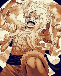 Rule 34 | 1boy, abs, alternate form, arm up, blood, buttons, collarbone, crazy eyes, eyebrows, facial scar, fingernails, fur trim, gear fifth, hat, hat on back, highres, living (pixiv5031111), looking at viewer, male focus, medium hair, monkey d. luffy, nosebleed, one piece, open clothes, open mouth, open shirt, outstretched arm, outstretched hand, pectorals, scar, scar on cheek, scar on chest, scar on face, scratches, sepia, shorts, smile, solo, spoilers, spread fingers, steam, stomach, straw hat, toned, toned male, unbuttoned, v-shaped eyebrows