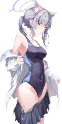 Rule 34 | 1girl, absurdres, animal ear fluff, animal ears, black one-piece swimsuit, black skirt, blue archive, blue eyes, breasts, collared shirt, competition swimsuit, covered navel, cowboy shot, cross hair ornament, dress shirt, extra ears, grey hair, hair ornament, halo, highres, low ponytail, mame (hyeon5117), medium breasts, medium hair, mismatched pupils, multicolored clothes, multicolored swimsuit, official alternate costume, one-piece swimsuit, open clothes, open shirt, shiroko (blue archive), shiroko (swimsuit) (blue archive), shirt, simple background, skirt, solo, standing, swimsuit, white background, white shirt, wolf ears