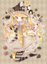 Rule 34 | 1girl, alternate color, batter, blonde hair, brown hat, brown shirt, cake, candy, checkerboard cookie, chocolate, chocolate heart, closed mouth, clownpiece, commentary request, cookie, cupcake, food, full body, hair bobbles, hair ornament, hat, heart, highres, holding, jester cap, long hair, looking at viewer, macaron, multicolored pantyhose, multicolored shirt, neck ruff, nikorashi-ka, pantyhose, purple eyes, shirt, short sleeves, sidelocks, skirt, solo, star (symbol), star print, striped clothes, striped pantyhose, touhou, twintails, two-tone headwear, white hat, white skirt, wide sleeves, yellow pantyhose, yellow shirt