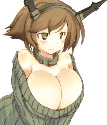 Rule 34 | 1girl, blush, breasts, brown eyes, brown hair, cleavage, closed mouth, green sweater, headgear, huge breasts, kantai collection, looking away, mutsu (kancolle), sakaki (noi-gren), short hair, simple background, smile, solo, sweater, upper body, white background
