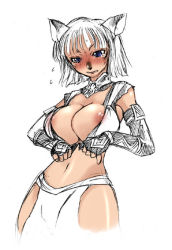 Rule 34 | 00s, 1girl, animal ears, blush, breasts, cat ears, final fantasy, final fantasy xi, huge breasts, large breasts, mithra (ff11), nipples, open clothes, open shirt, shirt, simple background, solo, tears