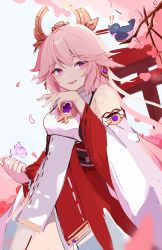 Rule 34 | 1girl, animal ears, chinese commentary, commentary request, detached sleeves, earrings, fox ears, genshin impact, highres, japanese clothes, jewelry, long hair, miko, mingbaii, nontraditional miko, pink hair, priestess, purple eyes, solo, vision (genshin impact), wide sleeves, yae miko