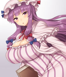 Rule 34 | 1girl, :o, blush, book, breasts, bursting breasts, curvy, dress, hat, huge breasts, inaho, long hair, long sleeves, looking at viewer, parted lips, patchouli knowledge, purple eyes, purple hair, skindentation, solo, striped clothes, striped dress, touhou