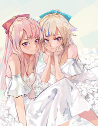 Rule 34 | 2girls, alternate costume, bad id, bad pixiv id, bare shoulders, blonde hair, blue ribbon, blush, breasts, closed mouth, collarbone, commentary, dress, flower, hair ribbon, highres, himehina channel, jewelry, looking at viewer, multicolored hair, multiple girls, necklace, pink hair, pink ribbon, ponytail, purple eyes, ribbon, sidelocks, sitting, small breasts, smile, streaked hair, sundress, suzuki hina, tanaka hime, virtual youtuber, white dress, z.boat