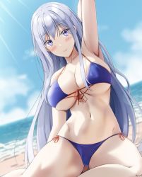Rule 34 | 1girl, arm up, armpits, bare shoulders, beach, bikini, blue bikini, blue eyes, blue hair, blue sky, blush, breasts, cleavage, closed mouth, cloud, collarbone, commentary, day, hair ornament, highres, keenh, large breasts, looking at viewer, navel, ocean, original, outdoors, side-tie bikini bottom, sitting, sky, smile, solo, sunlight, swimsuit, underboob