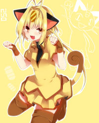 Rule 34 | 1girl, animal ears, antenna hair, blonde hair, boots, brown eyes, creatures (company), fang, fingerless gloves, game freak, gen 1 pokemon, gloves, highres, long hair, meowth, nintendo, open mouth, personification, pokedex number, pokemon, pokemon (anime), skirt, solo, tail, thigh boots, thighhighs, yellow background, zinpati